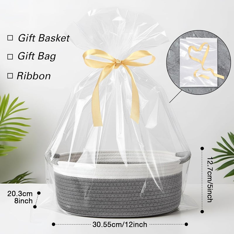 Colingmill Valentine's Day Woven Gift Basket with Gift Bags and Ribbons 12"x8"x5" Empty Cotton Rope Storage Basket for Birthdays, Baby Showers, Wedding DIY Presents(White,Grey) - Image 2